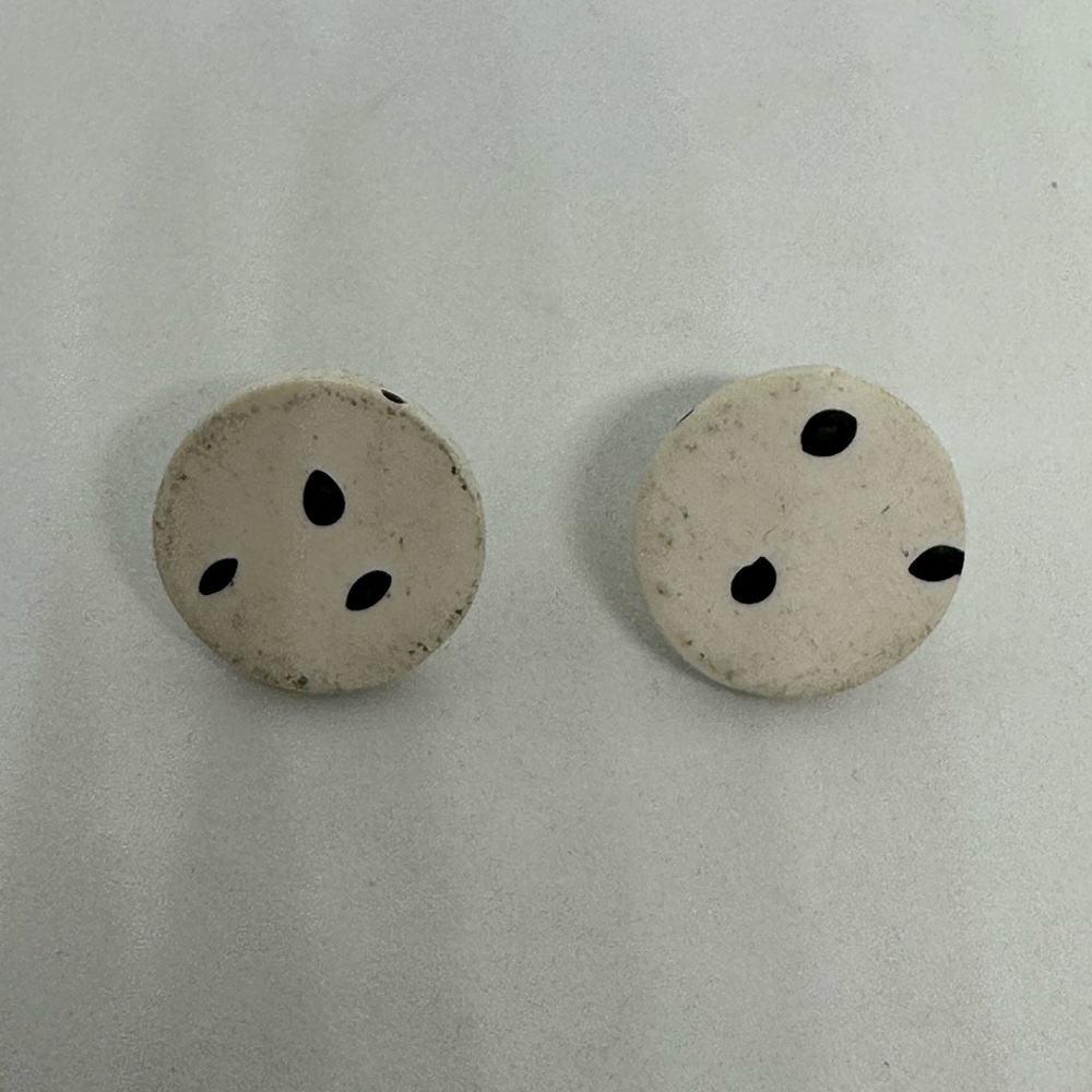 White Wooden Vintage Round Earrings with Black Dots